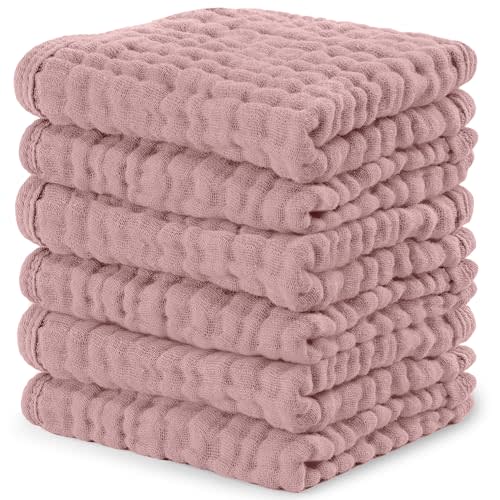 Comfy Cubs Muslin Baby Washcloths 6 Pack - Soft 6-Layer Cotton Wash Cloths for Sensitive Skin - 10"x10" Large, Gentle, Absorbent Infant Essentials for Newborn and Toddlers - Mauve