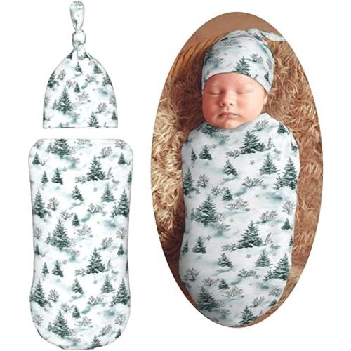 Pine Trees with Snowflakes Newborn Swaddle Blankets Hat Sets Soft Baby Receiving Blanket Swaddle Sack for Baby Shower Infant Boy Girl Gift