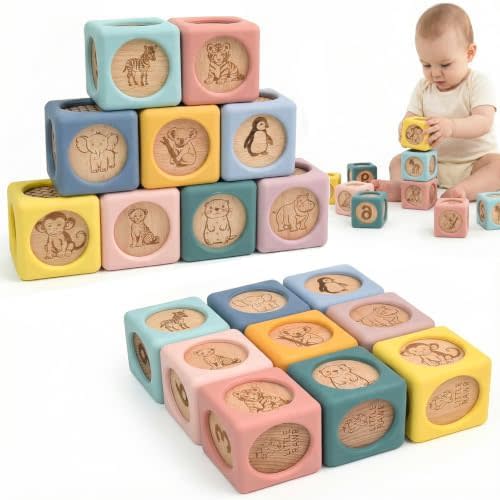 Little Rawr 9 Pcs Baby Silicone & Wooden Stacking Blocks, Food-Grade Silicone Baby Toy with Natural Wood Inserts, Soft Chewable Montessori Blocks for Toddlers, Animal Learning Toy