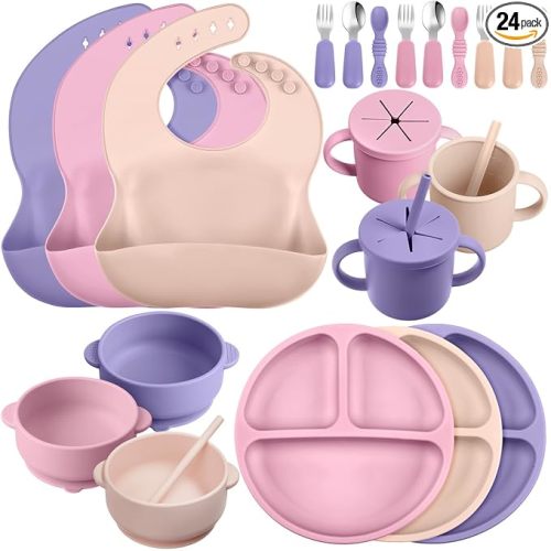 Yinder 24 Pack Silicone Baby Feeding Set Baby Led Weaning Essentials Suction Divided Plate Bowl Spoon Fork Adjustable Bib Snack Cup Straw for 6+ Months(Purple, Pink, Nude)