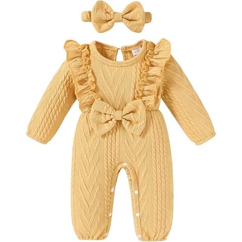 Happy Town Baby Girl Romper Infant Fall Winter Clothes Ruffle Sweater Long Sleeve Bodysuit Jumpsuit and Headband