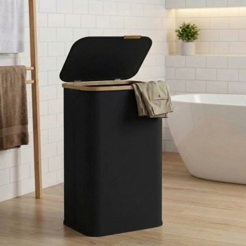 SONGMICS Laundry Hamper, Laundry Basket with Lid, Foldable Storage Basket, Bamboo Frame, Oxford Fabric, 26.4 Gal. , Ink Black
