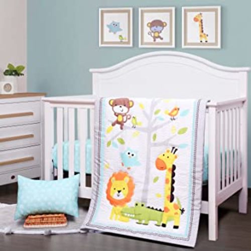 JISEN 3 Piece Crib Bedding Set Crib Quilt Crib Sheet Pillowcase - Soft Microfiber Printed Nursery Set for Baby Boys or Girls Zoo