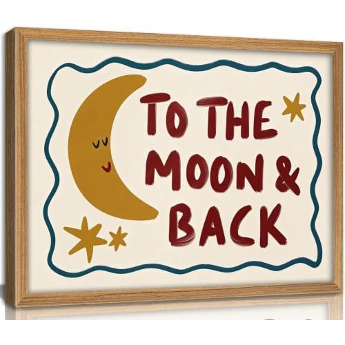 Framed To The Moon and Back Nursery Wall Art Cute Moon and Stars Wall Decor Whimsical Nursery Painting Picture Colorful Celestial with Love Quote Poster Print Artwork for Kids Room Baby Room