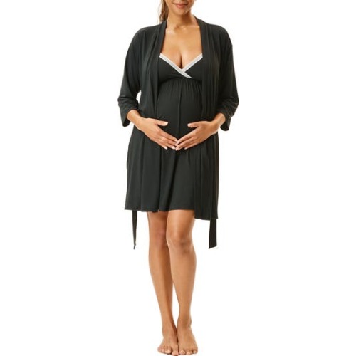 Motherhood Women's Maternity Robe and Nursing Chemise Sleep Set with Baby Swaddle, Large