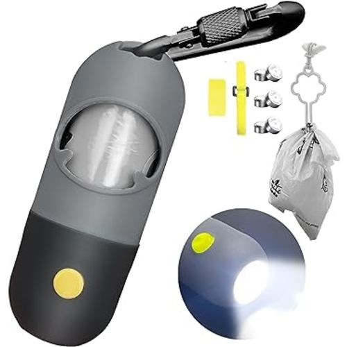 Dog Poop Bag Dispenser with Built-in LED Flashlight and Metal Clip for Leash, Pet Waste Bag Holder, Dog Walking Accessory (Black)