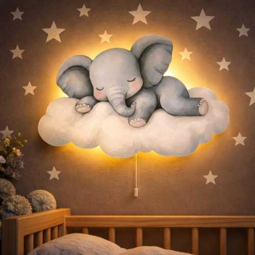 Sleeping Elephant Night Light, LED Wall Lamp for Kids, Baby Room Decor, Nursery Wall Light, Kids Bedroom Nightlight, Wooden Cut Nursery lamp