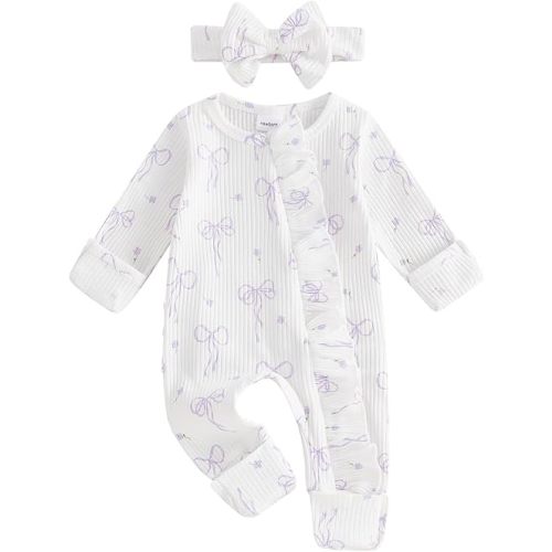 Newborn Baby Girl Coming Home Outfit Ruffle Romper Onesie Cute Ribbed Knit Jumpsuit Winter Clothes and Headband