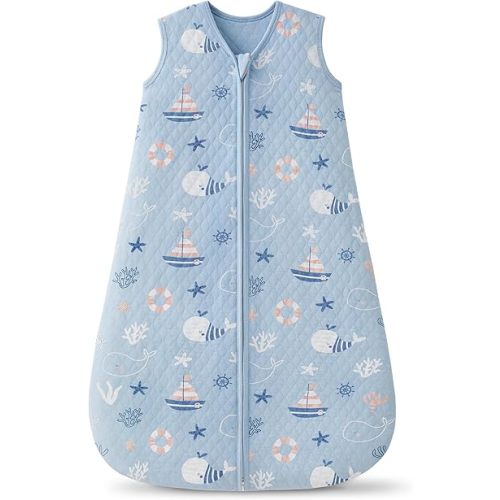 1.0 TOG Baby Sleep Sack 0-6 Months，Cotton Quilted Wearable Blanket Baby Boy Girl Sleeping Sack, 2-Way Zipper Sleeping bag for Newborn and Infant Blue Sea(Small)