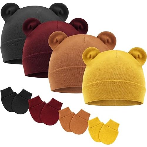 Newborn Baby Hat and Mittens Set Bear Ears Toddler Infant Beanie Caps Newborn Hospital Hat for Baby Boy Girl 0-3 Months