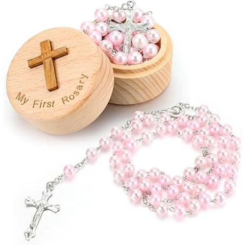 Baptism Gifts Rosary Catholic My First Rosary and Keepsake Box for Baby Shower Holy First Communion Christian Beads Gifting Set(Pink)