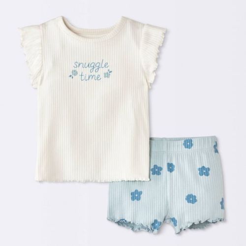 Baby Girls' 2pc Snuggle Time Floral Ruffle Sleeve T-Shirt and Bike Shorts Set - Cloud Island™ Cream/Blue 3-6M