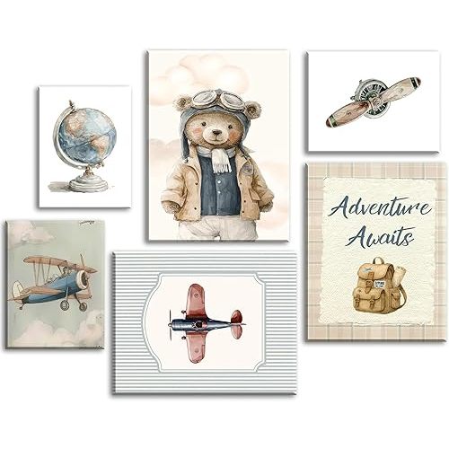 6Pcs Vintage Baby Boy Nursery Canvas Wall Art Blue Teddy Bear Airplane Travel Pictures Wall Decor Nursery Aviation Poster Prints for Bedroom Playroom Kids Room Home Decoration 12"x16"