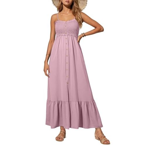Dokotoo Womens Summer Dresses 2025 Sleeveless Spaghetti Strap Button Down Smocked Beach Vacation Long Maxi Dress with Pockets
