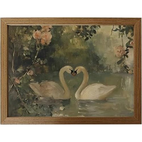 Vintage Swan Wall Art Framed Canvas, Romantic Lake Swans Oil Painting Print, Cottagecore Farmhouse Nature Wall Decor with Solid Wood Frame, Ready to Hang for Bedroom Living Room Bathroom 12x16inch
