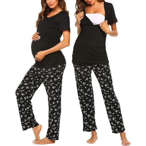 Ekouaer Women's Maternity Nursing Pajamas Sets Breastfeeding Printed Sleepwear Short Sleeve 2 Pcs Henley Top and Pants Set