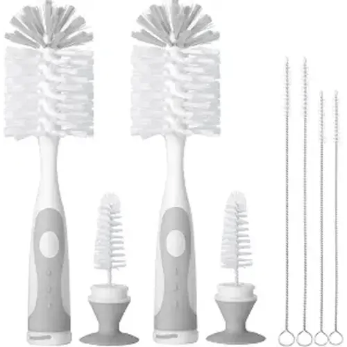 Gray Baby Bottle Brush 2-Pack, Suction Base & Hidden Cleaner