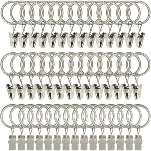 44 Pack Matte Silver Curtain Rings with Clips, Curtain Hooks Hangers Clip Rings for Hanging Drapes Bows Hat, Drapery Rings 1 in I D, Fits up to 5/8 in Diameter Curtain Rod.