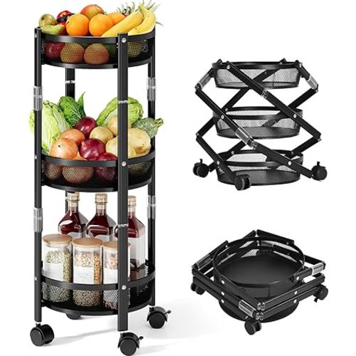 TOOLF 3-Tier Foldable Rolling Cart, Collapsible Metal Utility Cart with Wheels, Assembly-Free, Round Storage Organizer Trolley for Kitchen, Bathroom, Dorm, Nursery, Black