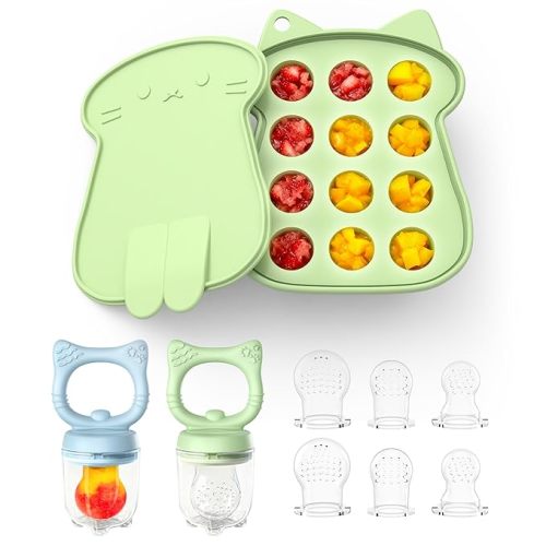 Silicone Baby Fruit Food Feeder (2 Pack) with Freezer Nibble Tray, Breastmilk Popsicle Molds for Baby Teething Relief, Silicone Feeder for Safe Infant Self Feeding, BPA Free, Dishwasher Safe, 3 Month+