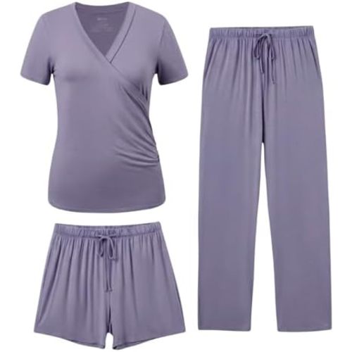 PATPAT 3-Piece Maternity Nursing Pajamas, Pregnancy to Postpartum Breastfeeding Pjs with Pockets, Soft Sleepwear, S-XXL