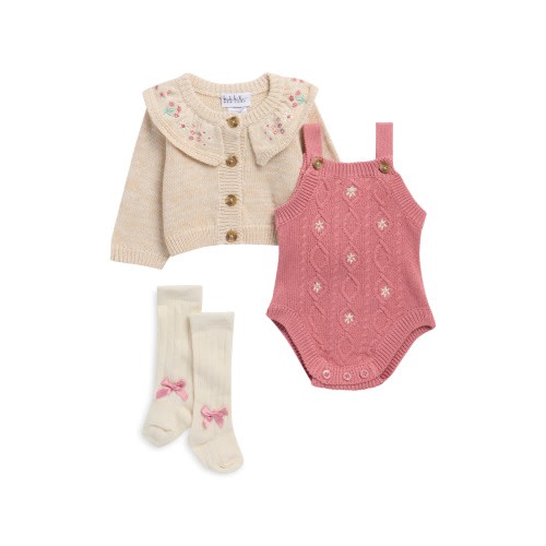 Floral Detail Sweater Knit Bodysuit, Cardigan & Socks Set