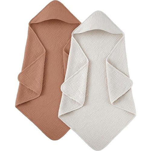Susurration Hooded Baby Towels for Newborn 2 Pack 100% Muslin Cotton Towel for Babies，Highly Absorbent and Newborn Essential 30x30 Inch (Brown)
