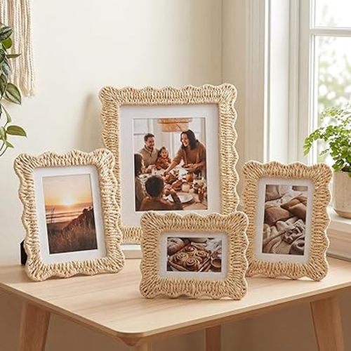 Kathfly Boho Picture Frames Set of 4 Rattan Scalloped Picture Frame Woven Handmade Photo Frames for Bohemian Wall Decor Tabletop Display Home Decor Gift (3.5'' x 5'', 4'' x 6'', 5'' x 7'', 8'' x 10'')