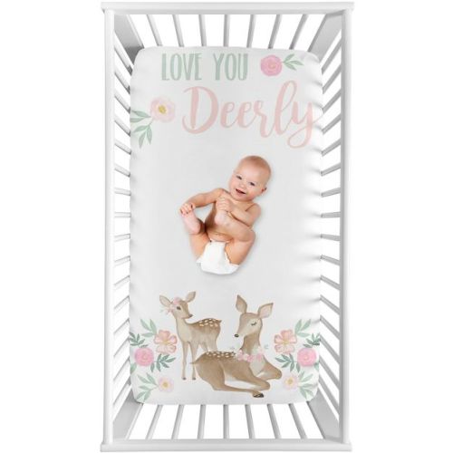 Sweet Jojo Designs Girl Photo Op Fitted Crib Sheet Deer Floral Pink Green White
