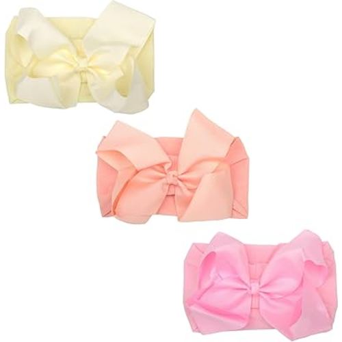 3 Pcs Baby Girls Headband Bows, Soft Nylon Hairbands Cute Big Bow Super Elastic Headband For Baby Girls Newborn Infant Toddlers (Beige Blush Light Pink, Large 6 Inch)