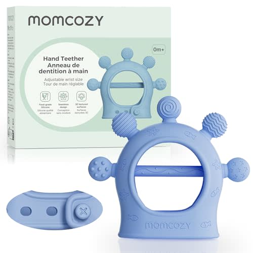 Momcozy Baby Teether Toys | Silicone Teether for 0-12 Months | Blue | |Baby Teething Relief |Adjustable Teething Mitten