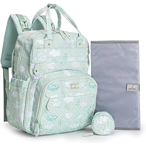 BabbleRoo Diaper Bag Backpack - Baby Essentials Travel Tote - Multi Function Water Resistant Diaper Bag, Travel Essentials Baby Bag with Changing Pad, Stroller Straps & Pacifier Case - Green Birdy