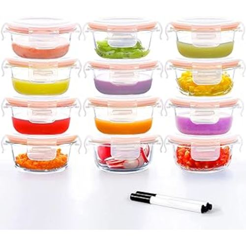 Luvan 7oz Glass Baby Food Containers, 12 Pack with Leakproof Lids, Stackable, Freezer Safe, Baby Bullet Containers for Fruit Purees and Vegetable Mashes