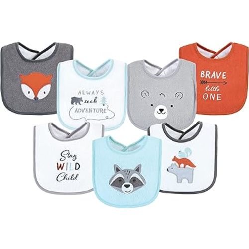 Hudson Baby Unisex Baby Cotton Terry Drooler Bibs with Fiber Filling, Boy Gray Woodland, One Size