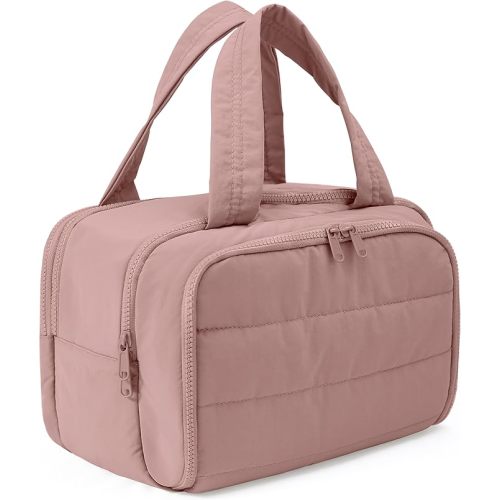 Travel Toiletry Bag for Women, Large Wide-open Puffy Cosmetic Makeup Bag with Wet-Dry Separation, Multi-Pocket Organizer with Carry Handle for Toiletries, Cosmetics, Essentials, Dark Pink