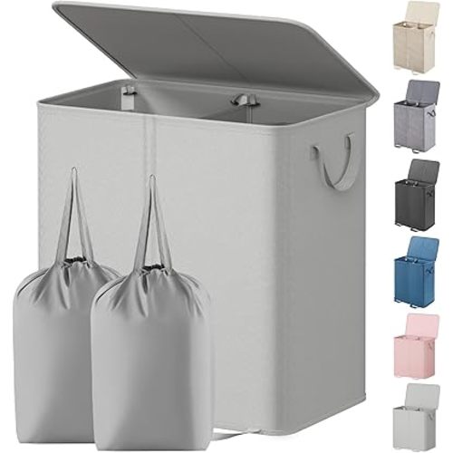 Lifewit Double Laundry Hamper with Lid and Removable Laundry Bags, Large Collapsible 2 Dividers Dirty Clothes Basket with Handles for Bedroom Laundry Room Closet Bathroom College, 155L Silver Gray
