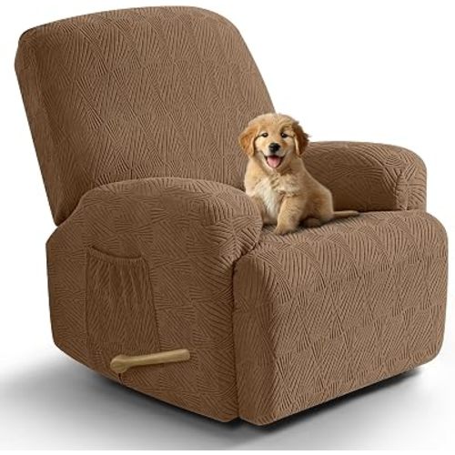VANSOFY Recliner Chair Covers, 4-Pieces Stretch Recliner Cover Jacquard Soft Reclining Chair Slipcover Furniture Protector with Elastic Bottom for Lazy Boy Recliner(Light Coffee)