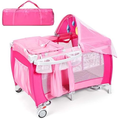 HONEY JOY Pack and Play with Bassinet, 4-in-1 Portable Baby Playard w/Changing Table, Net & Cute Toys, Diaper Storage Bag, Music Box, Wheels with Brake, Foldable Newborn Play Yard w/Carry Bag(Pink)