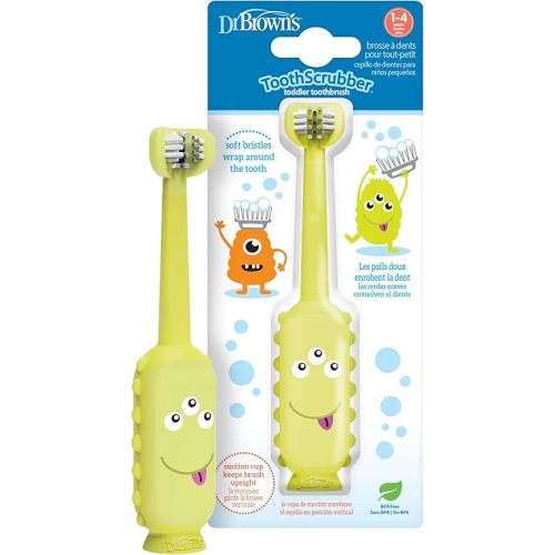 Dr. Brown's ToothScrubber Toddler Toothbrush, Triple-Sided Training Toothbrush with Suction Cup Base, Green Monster, Baby Oral Care, Ages 1-4 Years