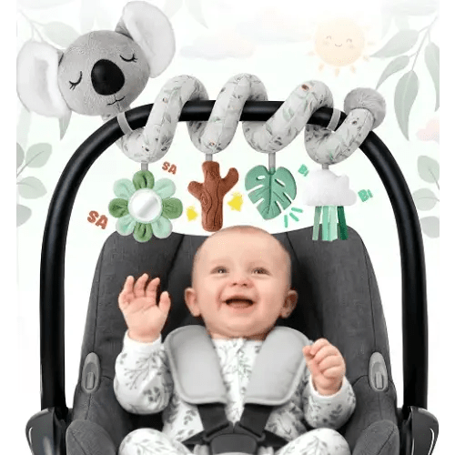 Stuffed Aesthetic Koala Spiral Car Seat Toys for Babies, Gender Neutral Infant Stroller Toy with Teether Hanging, Baby Registry Search Must Haves 0-6 Months