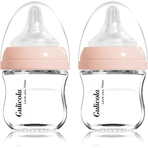 Small Glass Baby Bottle for Newborn Breastfeeding Babies, Preemie & Extra Slow Flow Nipples (SS), Anti-Colic, Breast-Like, 0 Months+, 3 oz, 2 Pack - Pink