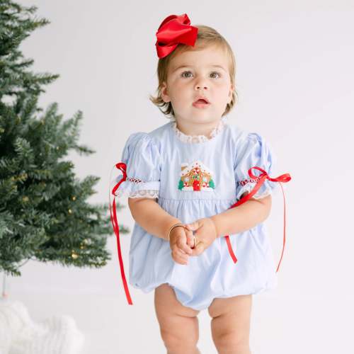 Girls Blue French Knot Gingerbread House Bubble – Little Bear Smocks