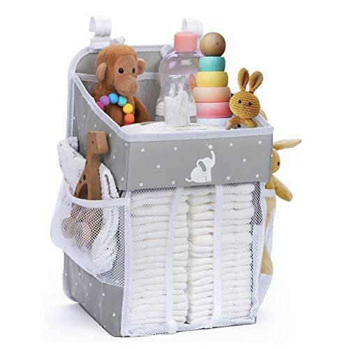 Cradle Star Hanging Diaper Caddy - Organizer for Baby Girl and Boy - Nursery Baby Essentials for Newborn - Gray with White Elephant - 17x9x9 inches
