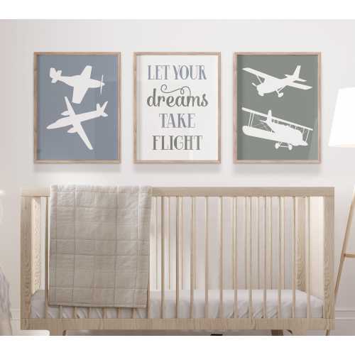 Neutral Airplane Nursery Art Prints, Baby Boy Airplane Nursery Wall Decor, Aviation Nursery, Airplanes Toddler Boy Set of 3 Prints or Canvas