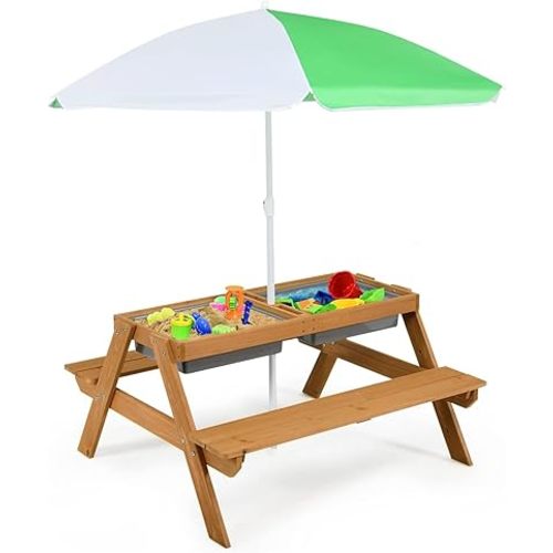 HONEY JOY Kids Picnic Table, 4 in 1 Cedar Wooden Sand & Water Table w/ 2 Removable Box & Umbrella, Kids Picnic Tables for Outdoors Backyard Garden, Toddler Patio Furniture Set for Boys Girls(Natural)