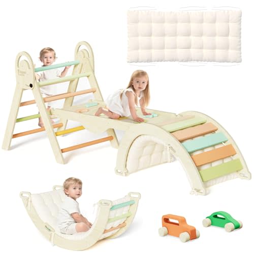 ElegantCrafts Pikler Triangle Set with Cushion, Montessori Climbing Set, Indoor Climb Toys, Indoor Playground Jungle Gyms, 9 Combinations Climbing Toy Set for Toddler, Baby, Kids 1-4