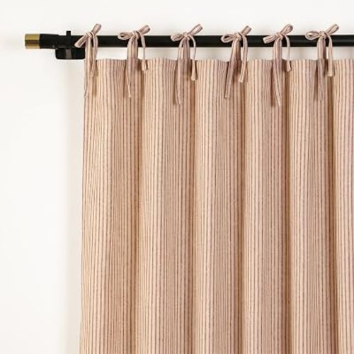 THE ART BOX Natural Linen Gauze Tie Top Sheer Semi Blackout Striped Curtains for Bedroom Filtering Hanging Substitute Windows Home Décor Curtain, Maroon on Beige, 2 Panel Sets, (84"x42" inch Each)