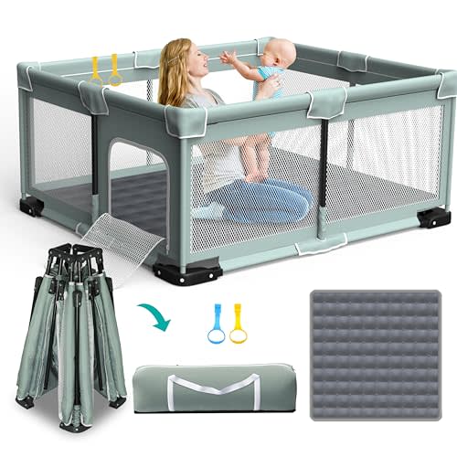 ICAREWAY Foldable Playpen for Babies and Toddlers, 71"x59" Inches Portable Playpen with Mat, Kids Collapsible Play Pen with 2 Handlers, Indoor & Outdoor Baby Play Area with Visible Mesh (Light Green)