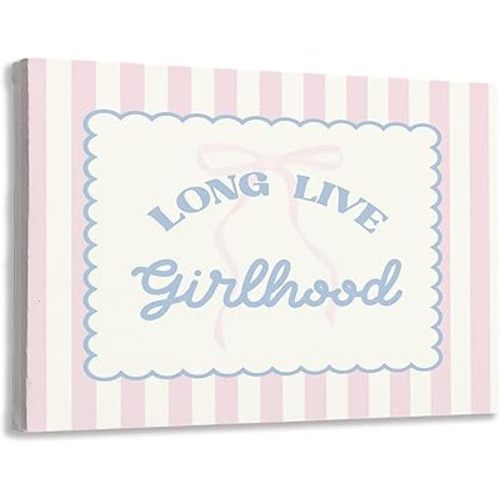 FTKBGHY Long Live Girlhood Canvas Wall Art Framed, Baby Girl Nursery Decor, Preppy Pink Striped Bow Poster Prints Wall Decorations for Toddler Girls Bedroom Room Nursery Playroom, 14x11 Inch