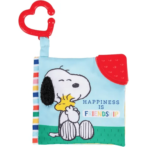 Kids Preferred Peanuts Snoopy Baby Stuff Fun Crinkle Book with On The Go Travel Clip Teether Soft Sensory Book for Babies & Toddlers, 5.25x5.25 Inches